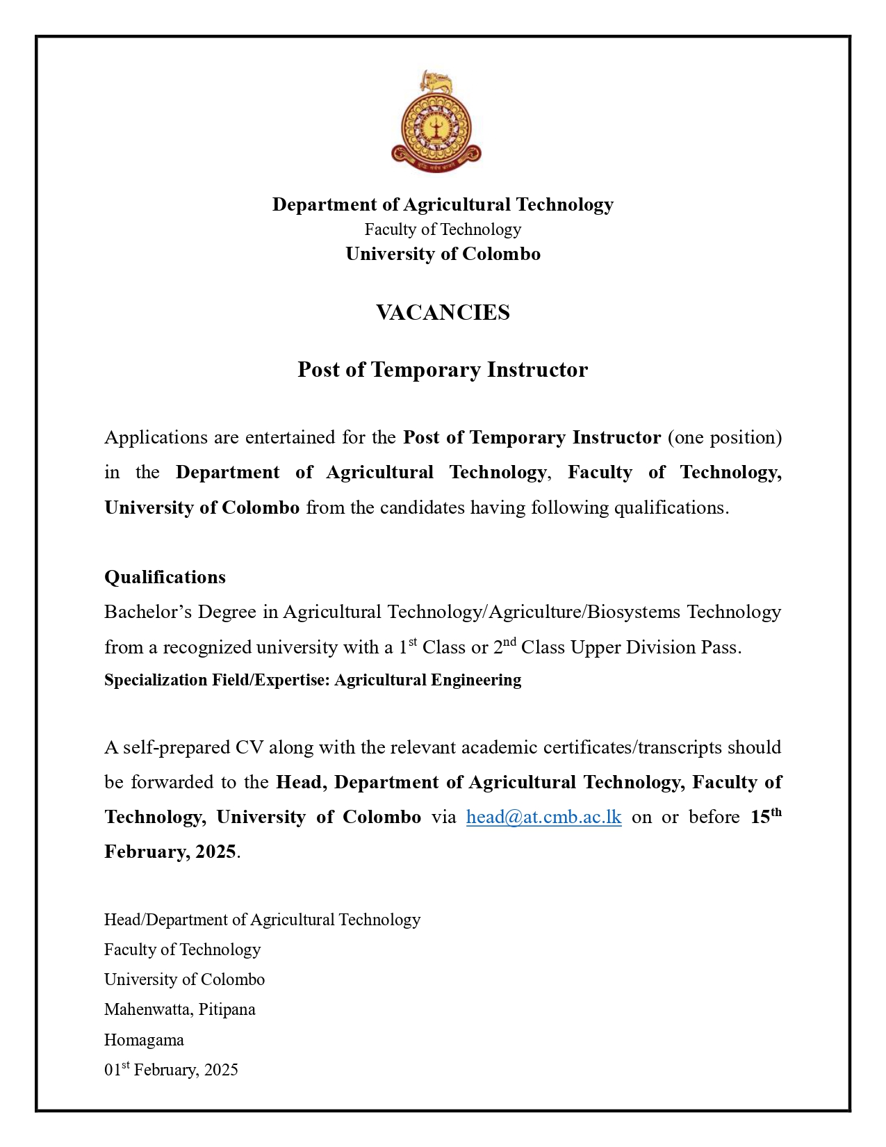 VACANCY – POST OF TEMPORORY INSTRUCTOR (AT)